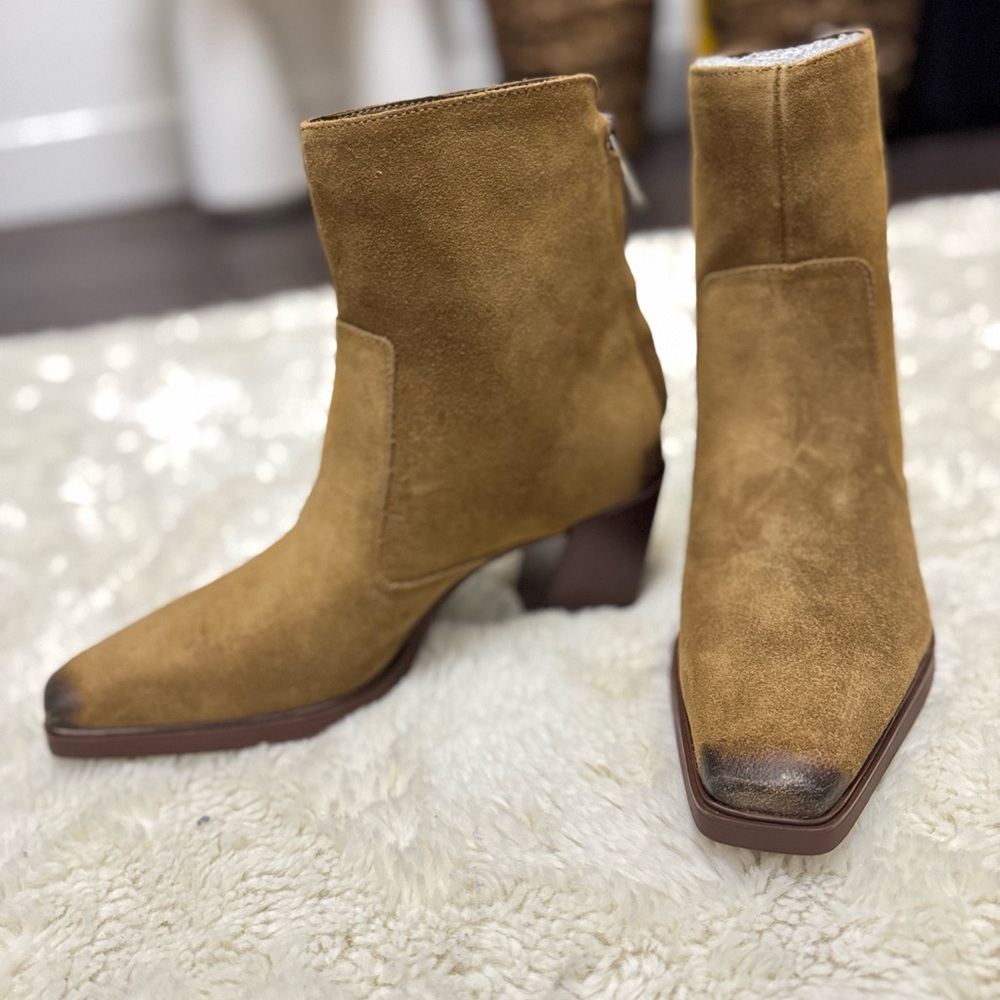 Vince Camuto Tan Suede Block Heel Ankle Boots - Picture 2 of 6